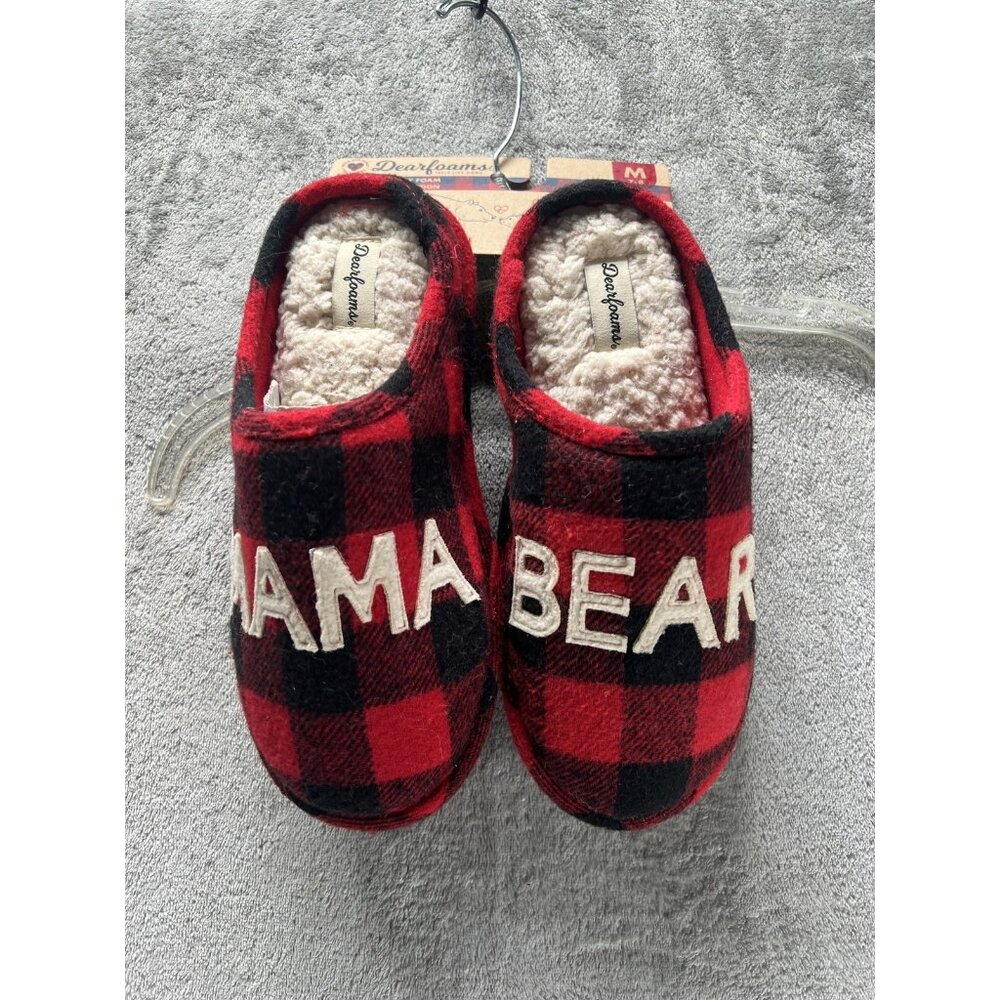 New Dearfoams Women’s Medium 7-8 "Mama Bear" Red Plaid‎ House Shoes Christmas